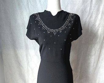 1940s Vintage Black Dress with Silver-Beaded Neckline, Crepe, Kick Pleats in back, A Vanity Petite Original