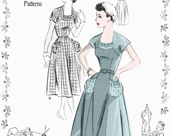 1950s Vintage Sewing Pattern Digital Printable PDF 50s Caplet Gathered Neckline Dress Full Skirt with Pockets XS