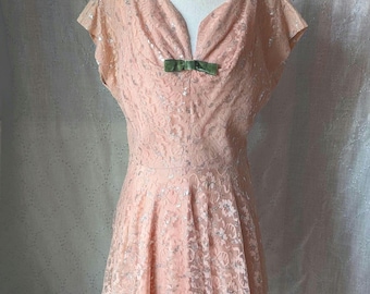 1940s 1950s Lace Pink Party Dress with Bow, Kitchy, Pink, Full Skirt, Flowy, Champagne Lady label