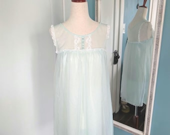 1950s 1960s Dreamy Vintage Nightgown, Doris Day style, by Vanity Fair, Baby Blue, Ribbon and Lace