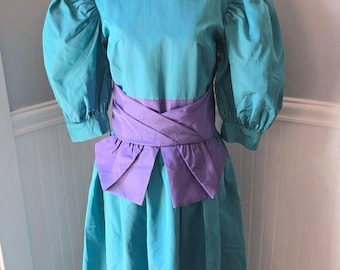 Vintage 80s Prom Dress, Teal and Purple, Puff Sleeves, cumberbund