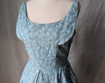 1950s Gracette Metallic Floral Teal Dress, Daisy and Rhinestone Bodice
