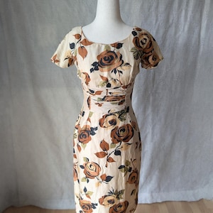 50-60-tals vintage Pixie of California höstblommig cocktailklänning, Wounded Bird *Läs hela beskrivningen*