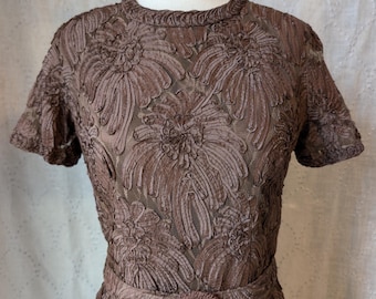 1960s Vintage Sheath Cocktail Dress, Brown Lace with Full Ribbon Embroidered Design, Belted, brand A Clothes Horse, size S