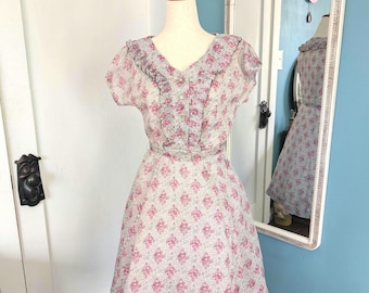 1940s Vintage Pink and Gray Floral Dress, Shirtdress, The Sweetest Ruffle Detail, Frilly and Feminine