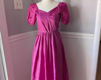 Vintage 80s Prom Dress, Fushia Silky Brocade, Princess Dress