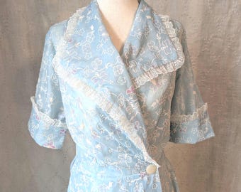 1950s Vintage Peggy Prim Housecoat, Flocked Floral Sheer Blue with Lace Trim