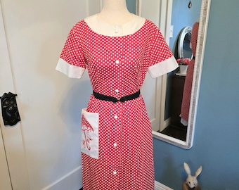 1960s Mod Polka Dot Sheath Dress, Cotton Day Dress, Embroidered Umbrella, Disney Bound, Red Dress, Buttons, I. Appel Brand