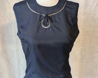 1950s Vintage Adelaar Blouse, Navy Blue Crepe, Sleeveless with Unique Openwork Neckline, Deadstock with tags