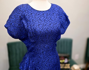 1980s Young Edwardian Dress, Royal Blue, 40s Inspired, Draped Ruffle at hip