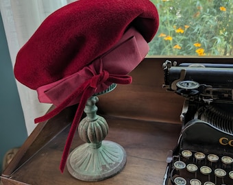 40s 50s Mr. M Peachbloom Velour Beret, Vintage Hat, rich red, Union Made, Grosgrain bow detail