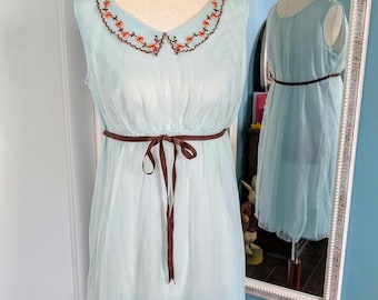 1950s 1960s Dreamy Vintage, Cottagecore, Sleepwear Nightgown, Embroidered Florals, A Line, Mint Blue, by Aristocraft