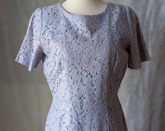 1950s 1960s Vintage Periwinkle Blue Lace with Pink Stitching, Wiggle Cocktail Dress