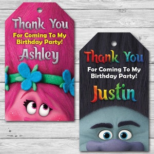 Trolls Thank You Birthday Party Favor Tag, Poppy Branch Thank You Card, Personalized Printable