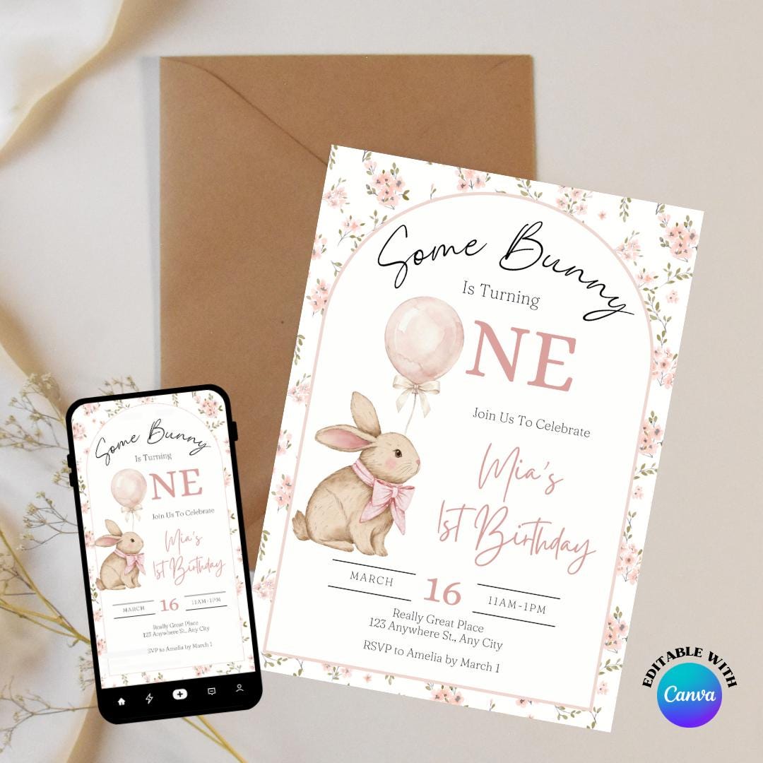 Bunny Birthday Invitation, Vintage Floral Rabbit Theme Party Invite ...