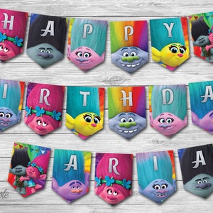 Trolls Birthday Party Banner With Name, Digital Birthday Bunting Banner