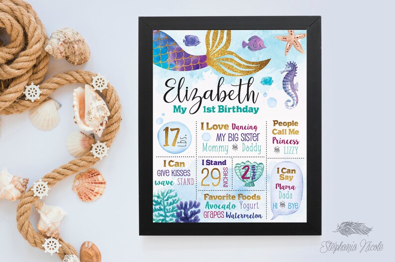 Printable Personalized Under the Sea Girl First Birthday Welcome Sign Mermaid Milestone Birthday Poster Board