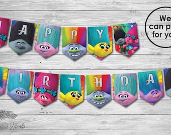 INSTANT DOWNLOAD Trolls Birthday Party Banner, Digital Printable Birthday Bunting Banner