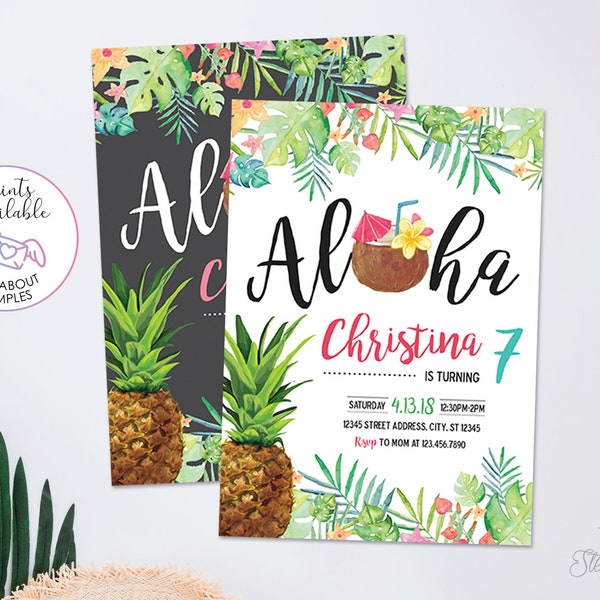 Aloha Tropical Pineapple Birthday Party Invitation, Hawaiian Luau Invitation, Personalized Printable Digital