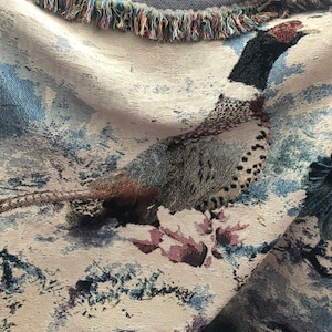 Pheasant Tapestry Blanket with Fringe.  Original Bird Art Woven Throw Blanket for Bed, Living. Personalize Gift. Abstract Wall Art Tapestry