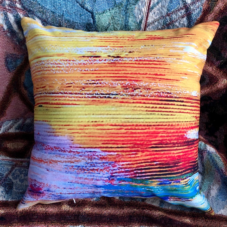 Sunset Accent Pillow. Colorful Pillow from Abstract Art. Washable Cover with Soft Pillow Insert. Special Gift for Home. Free Shipping in US image 3