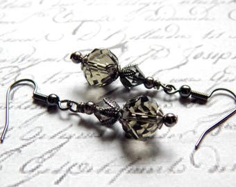 Smoky Grey Earrings - Grey Crystal Glass Earrings - Victorian Style Earrings - Vintage Style Earrings