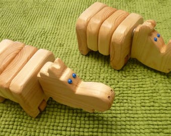 Handmade natural wood hippo and rhino