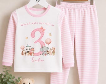 Girls 3rd birthday pyjamas | When I wake up I will be three pjs | Pink safari birthday pyjamas | Ages 1-8 available