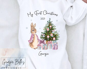 My 1st christmas Peter rabbit, personalised 1st Xmas baby vest / sleepsuit / babygrow, baby Xmas pjs, bib, pyjamas, Christmas baby gift