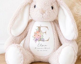 Conejito de flores personalizado / Peluche de boda con nombre personalizado / Regalo para niña de las flores / Conejito de dama de honor / Peluche de recuerdo de boda