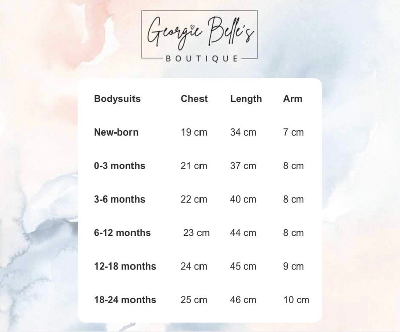 Puede incluir: Una tabla de tallas para bodies de beb&eacute;, que muestra las medidas del pecho, la longitud y la manga en cent&iacute;metros para diferentes rangos de edad, desde reci&eacute;n nacido hasta 18-24 meses.