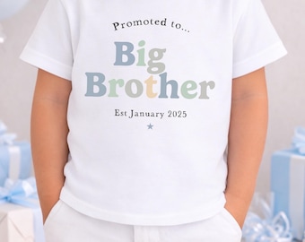 May include: White t-shirt with the text "Promoted to... Big Brother Est January 2025" in blue, green, and tan lettering. The shirt is worn by a child. The child is wearing white shorts. The background includes blue balloons and wrapped gifts.