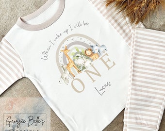 Safari Animal Birthday Pyjamas, Boys Birthday Pjs, When I wake up I’ll be One - Two - Three, Wild One, Animal Pjs, Baby Boy