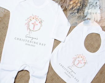 Baby girls christening outfit, Personalised christening / baptism / naming day gifts for baby girls, bib, sleepsuit, moneybox, vest