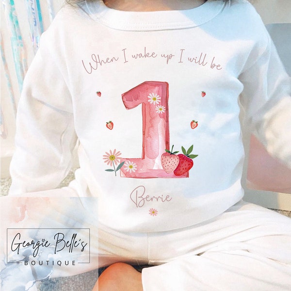 Personalised Strawberry Birthday Pyjamas | Girls Birthday Pjs | When I wake up Pjs | First Birthday | Second Birthday | Baby girls Pyjamas