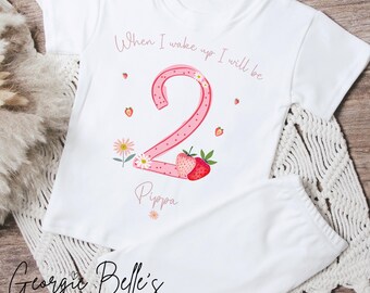 Strawberry Birthday Pyjamas | Girls shorts and Tshirt Birthday Pjs | When I wake up | First Birthday | Second Birthday | Baby Girls Pyjamas