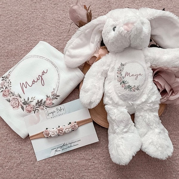 Personalised gift for new baby girl, personalised floral babygrow or vest, baby gift gift set, Christmas gift for baby girl, bunny, headband