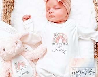Baby Girl Babygrow Set | Personalised Baby Sleepsuit | Gifts for newborn girl | Hello world outfit | Baby girl name announcement