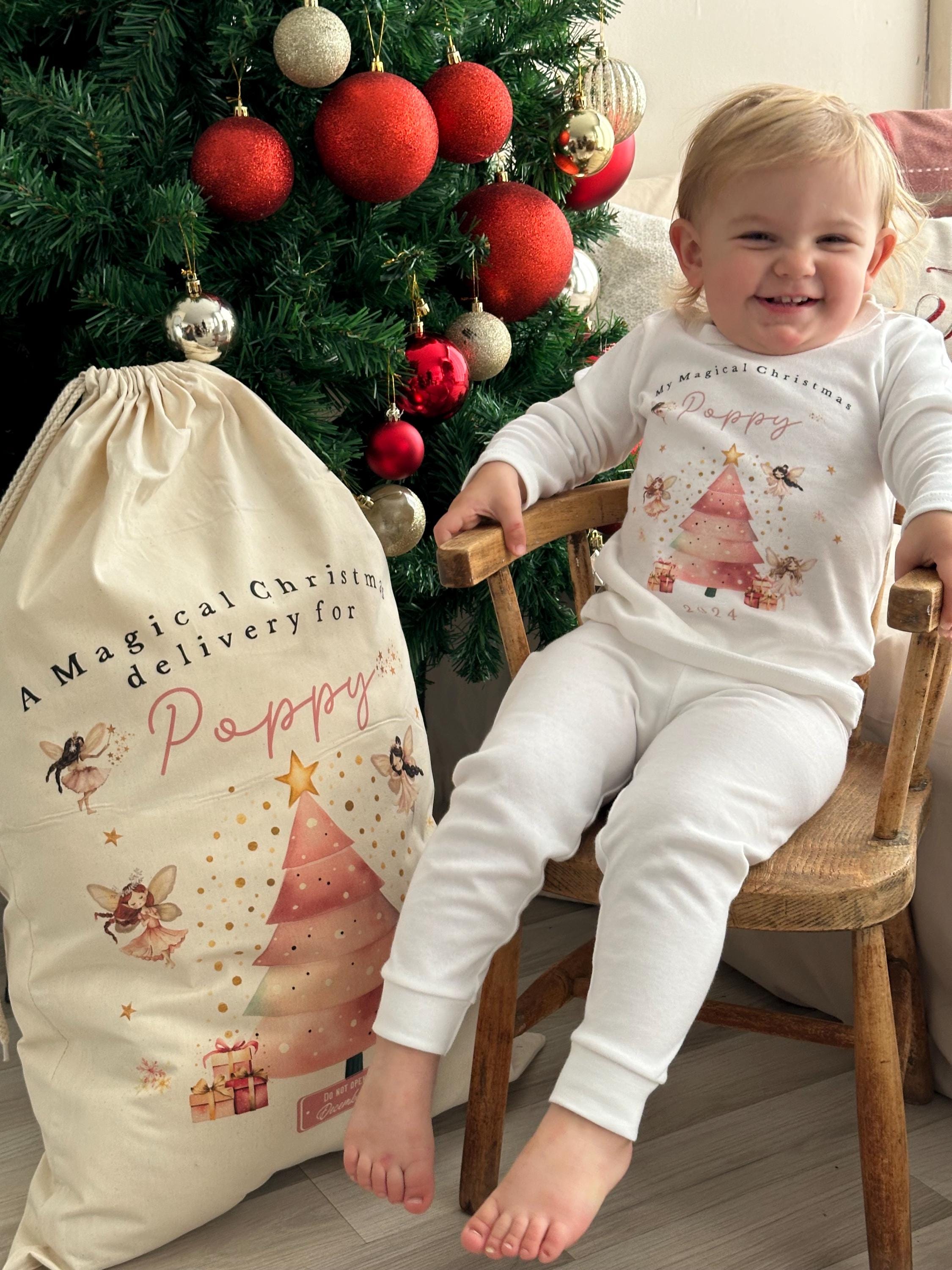 Kids Christmas pjs, childrens Xmas pjs, Santa pjs, personalised Christmas pyjamas, girls pink Christmas pjs, baby Christmas pjs