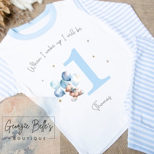 Blue teddy bear birthday pyjamas / pajamas / pjs, when I wake up I’ll be 1 / 2 / 3, one - two - three, baby boys birthday, teddy birthday