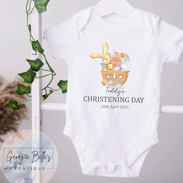 Baby boys christening outfit, Personalised christening / baptism / naming day gifts for baby girls or boys, bib, sleepsuit, Noah’s ark