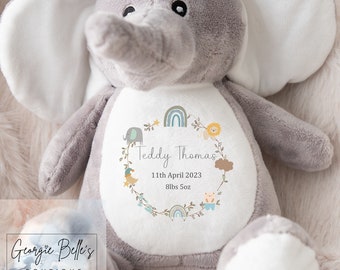personalised elephant soft toy, personalised baby boy gift, gifts for new baby boy, safari themed baby gift, page boy gift, Christmas gift