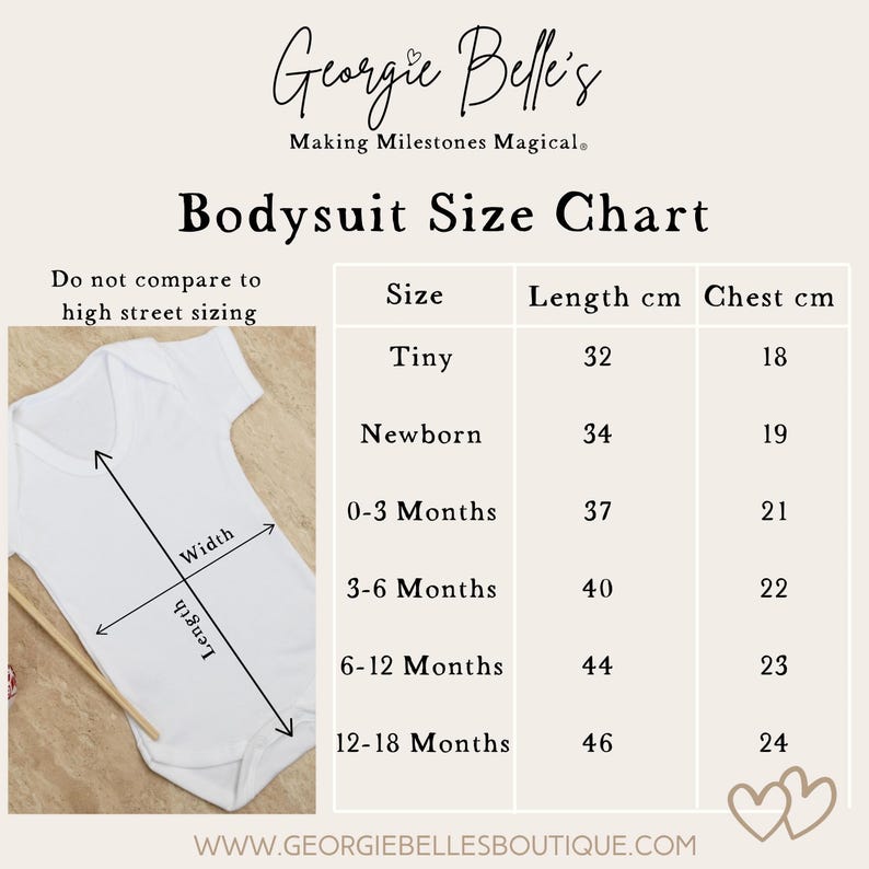 May include: A white bodysuit size chart from Georgie Belle's. The chart displays sizes from Tiny to 12-18 Months with corresponding length and chest measurements in centimeters. A visual guide shows a white bodysuit with arrows indicating width and length.
