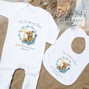 Baby boys christening outfit, Personalised christening / baptism / naming day gifts for baby boy, bib, sleepsuit, vest, personalised teddy