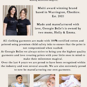 May include: An informational graphic for Georgie Belle's featuring text about their brand, two people in black t-shirts, and three children wearing long-sleeved shirts with personalized prints. The text details their manufacturing and quality standards.
