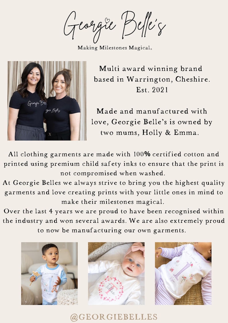 May include: An informational graphic for Georgie Belle's featuring text about their brand, two people in black t-shirts, and three children wearing long-sleeved shirts with personalized prints. The text details their manufacturing and quality standards.