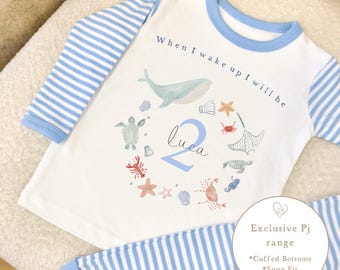 Under the sea Birthday Pyjamas | Boys sea life  Birthday Pjs | 100% cotton pjs | Ages 1-6 | Blue sea pyjamas | Fish birthday pjs