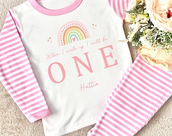 Girls 1st birthday pjs, When I wake up I’ll be One - Two -Three, girls pink rainbow birthday pjs, personalised birthday pyjamas