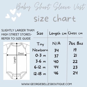 May include: Size chart for baby short sleeve vests, with measurements in inches and pounds. The chart shows sizes from Tiny to 12-18 months, with corresponding chest and length measurements.