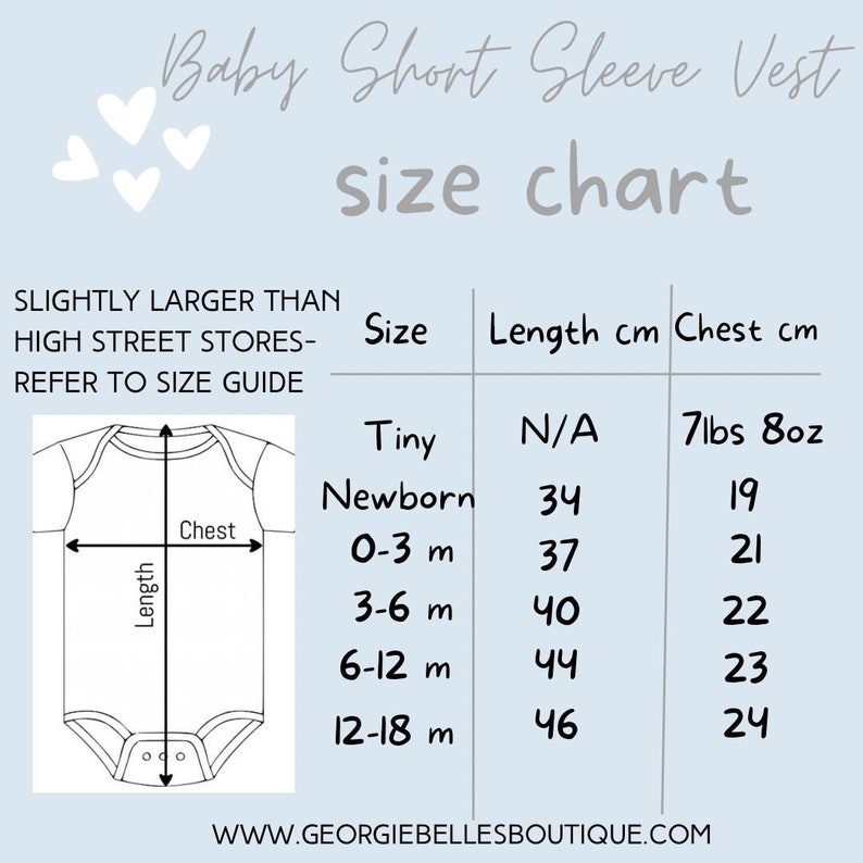 May include: Size chart for baby short sleeve vests, with measurements in inches and pounds. The chart shows sizes from Tiny to 12-18 months, with corresponding chest and length measurements.